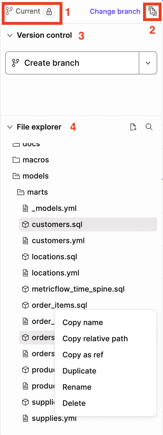 The Git repo link, documentation site button, Version Control menu, and File Explorer